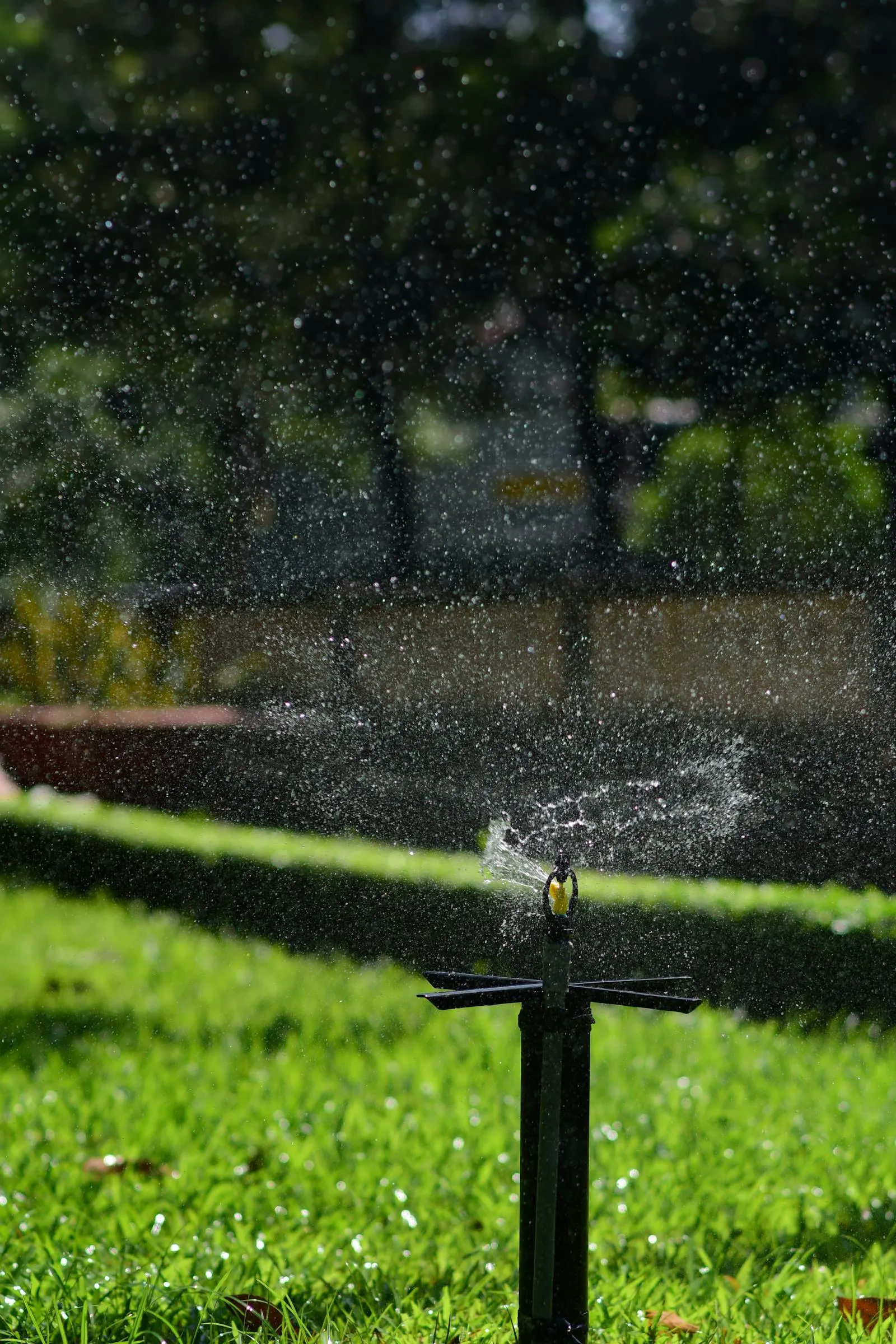 Pop-up sprinkler head spraying a clean arc over a green lawn at sunset.